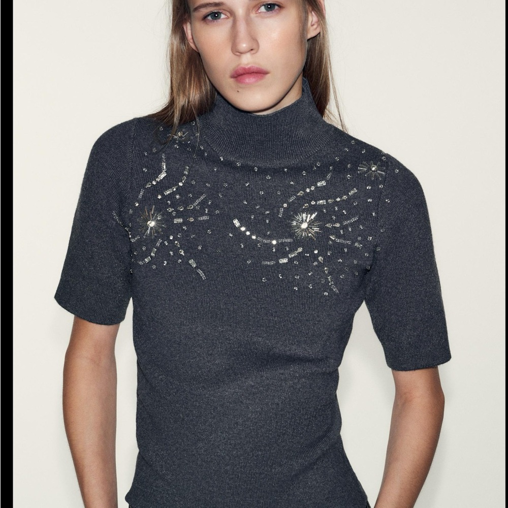 Zara Gray Turtleneck Blouse with Silver Accents